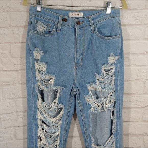 A Vibrant MIU Light Wash High Rise Waist Distressed Ripped Blue Denim Jeans 7 27 - Picture 2 of 10